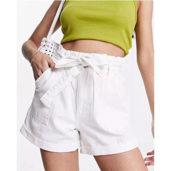 ZARA Hi Rise Rigid Paperbag Shorts White Denim Belt Size 2 Cotton Pockets Cuff - Picture 13 of 14